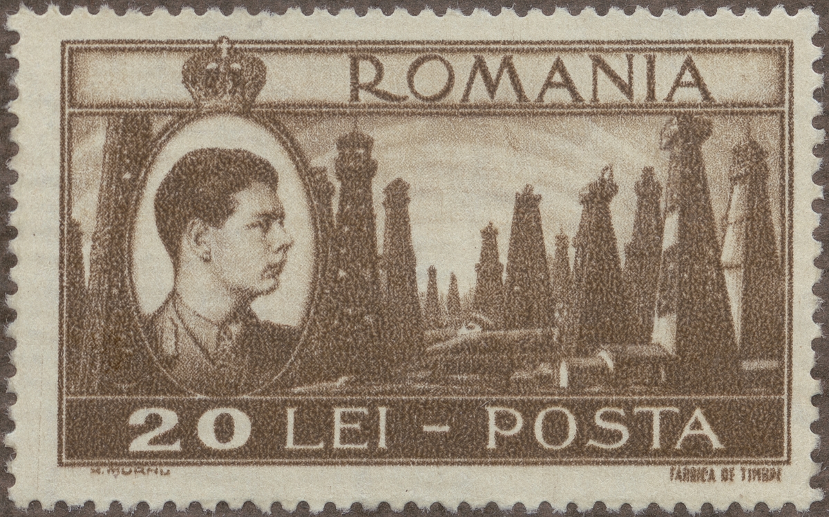 Frimärke ur Gösta Bodmans filatelistiska motivsamling, påbörjad 1950.
Frimärke från Rumänien, 1947. Motiv av borrtorn för petroleum.