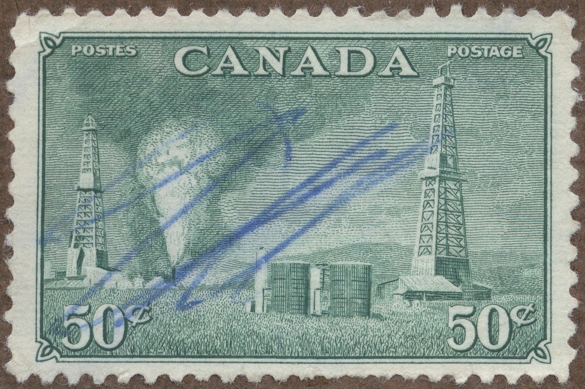 Frimärke ur Gösta Bodmans filatelistiska motivsamling, påbörjad 1950.
Frimärke från Canada, 1950. Motiv av petroleumutvinning i Alberta.