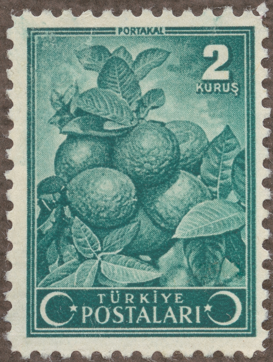 Frimärke ur Gösta Bodmans filatelistiska motivsamling, påbörjad 1950.
Frimärke från Turkiet, 1942. Motiv av gren med apelsiner.