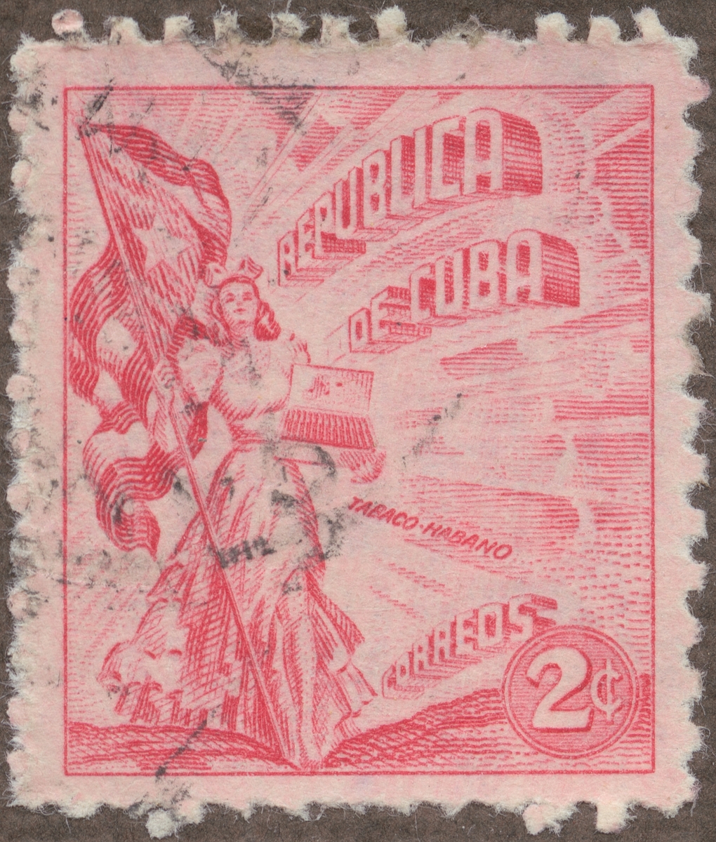 Frimärke ur Gösta Bodmans filatelistiska motivsamling, påbörjad 1950.
Frimärke från Cuba, 1948. Motiv av kvinnosymbol för friheten med cigrarrlåda och flagga.