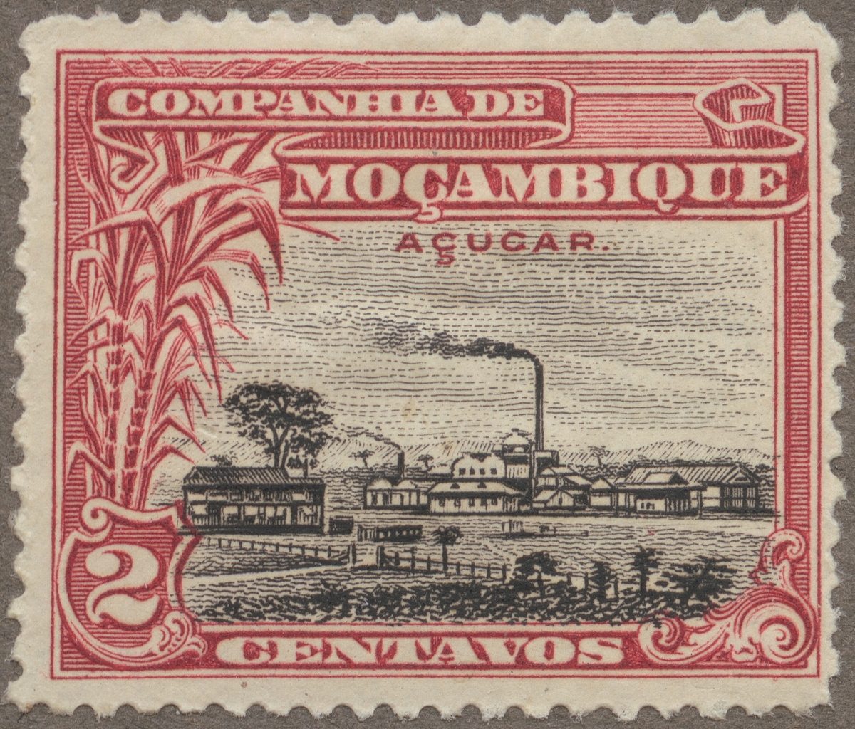 Frimärke ur Gösta Bodmans filatelistiska motivsamling, påbörjad 1950.
Frimärke från Mocambique, 1918. Motiv av sockerbruk.