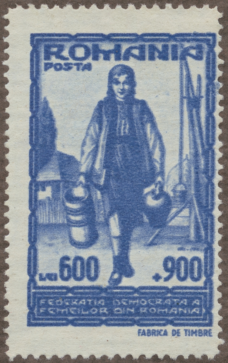 Frimärke ur Gösta Bodmans filatelistiska motivsamling, påbörjad 1950.
Frimärke från Rumänien, 1947. Motiv av kvinna med stäva och vattenkruka. "Propaganda för kvinnligt arbete"