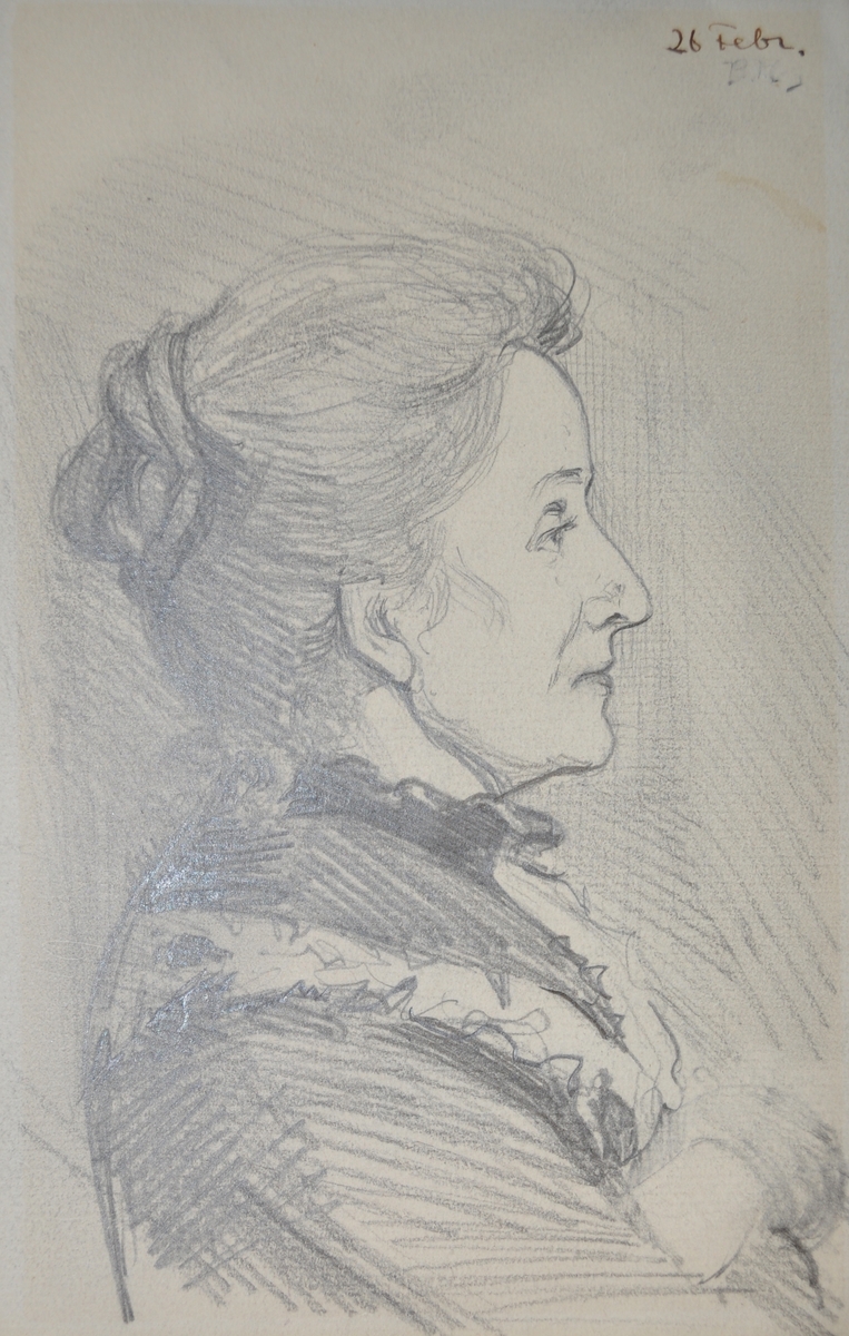 Blyertsteckning på både framsidan och baksidan av pappret. Framsidan visar ett kvinnoporträtt i profil och baksidan ett kvinnoporträtt framifrån.