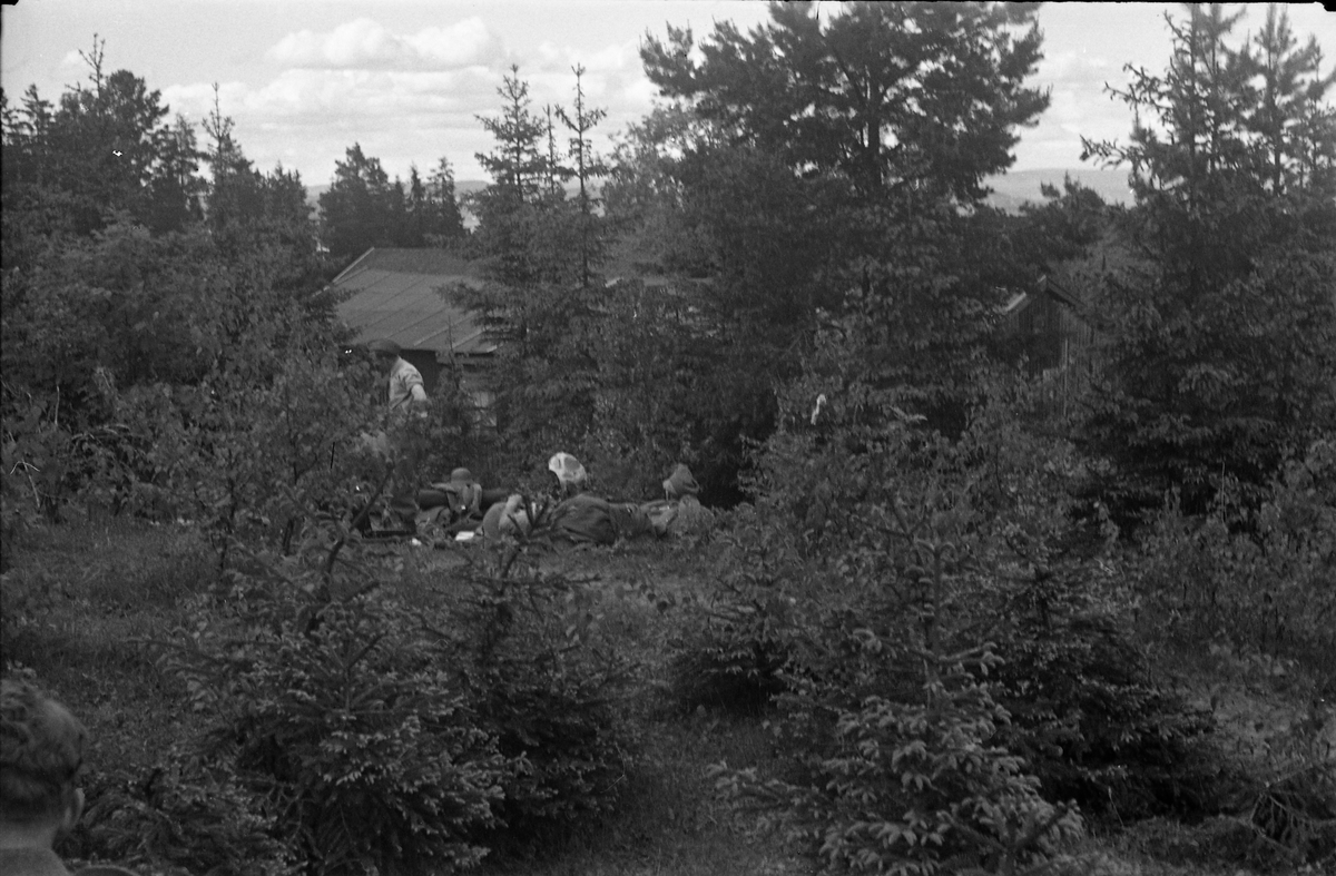 Avfotografert bilde av soldater som tar livet med ro i skogsterreng. Stedet er ikke identifisert.