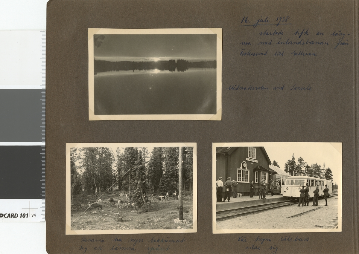 Text i fotoalbum: "16. juli 1938 startade hfk (högre fortifikationskurs) en långresa med inlandsbanan från Östersund till Gellivare. Midnattssolen vid Sorsele."