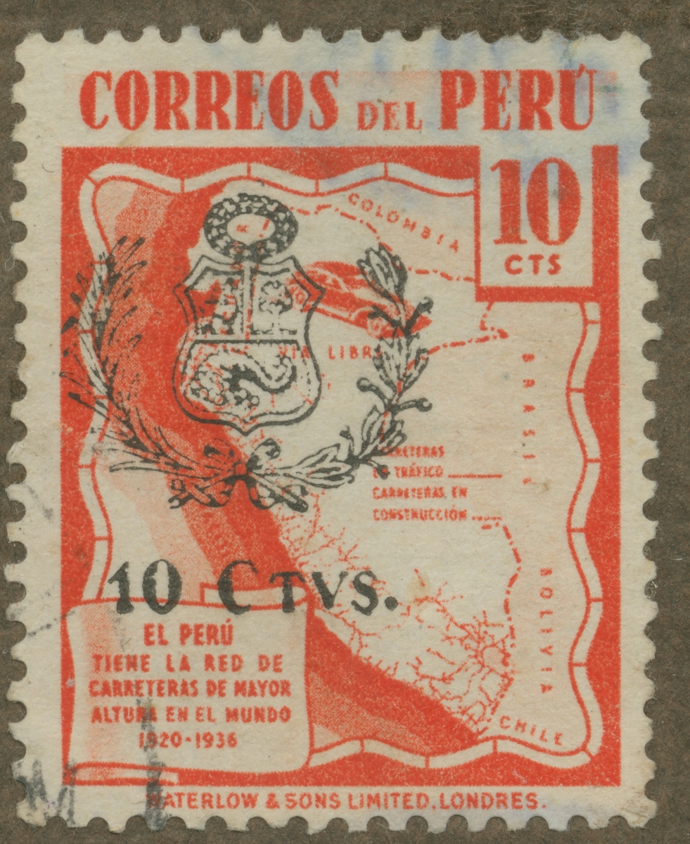 Frimärke ur Gösta Bodmans filatelistiska motivsamling, påbörjad 1950.
Frimärke från Peru, 1938. Motiv av karta över Peru, visande Perus motorvägnät.
