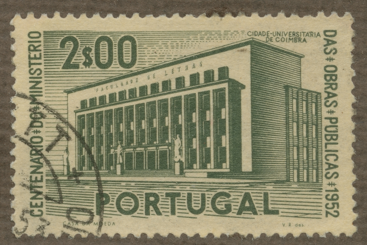Frimärke ur Gösta Bodmans filatelistiska motivsamling, påbörjad 1950.
Frimärke från Portugal, 1952. Motiv av Universitetet i Coimbra.
