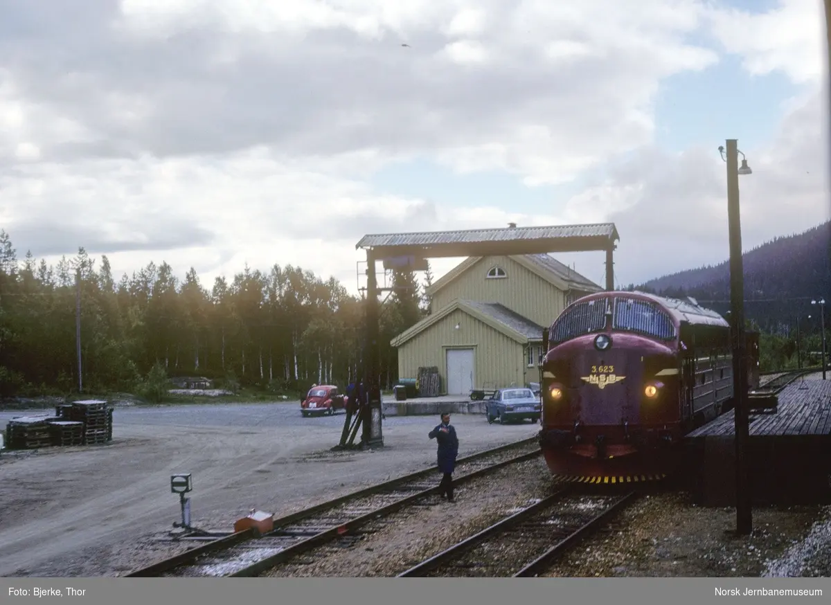 Lassemoen stasjon med godstog, bestående av diesellokomotiv Di 3 623 og konduktørvogn F 5014