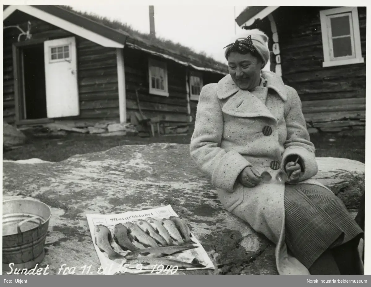 Dame med lue, jakke, skjerf og silbriller i handen sitter på stein på hytteområdet. Hun ser på fiskefangst fra Møsvatn som ligger presentert på avisen Morgegnbladet ved siden av en balje. Bak sees to laftede hytter