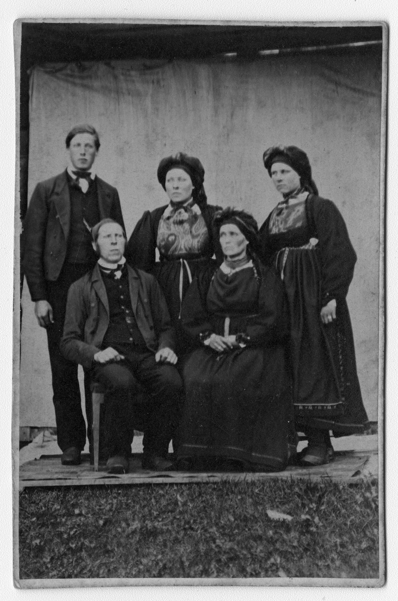 Fotosamling etter fotograf Knut Aslaksen Berdal. f. 1829 Einlaugdalen Vinje, d. 21.01.1895. Gruppebilde to menn og tre kvinner i folkedrakt. Bak på bildet anføres at det er Seljordsfolk.