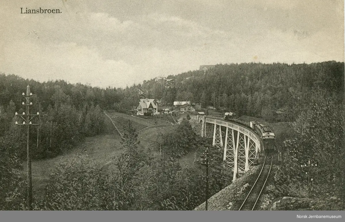 Damplokomotiv med blandet til retning Kristiania (Oslo) på Ljan viadukt