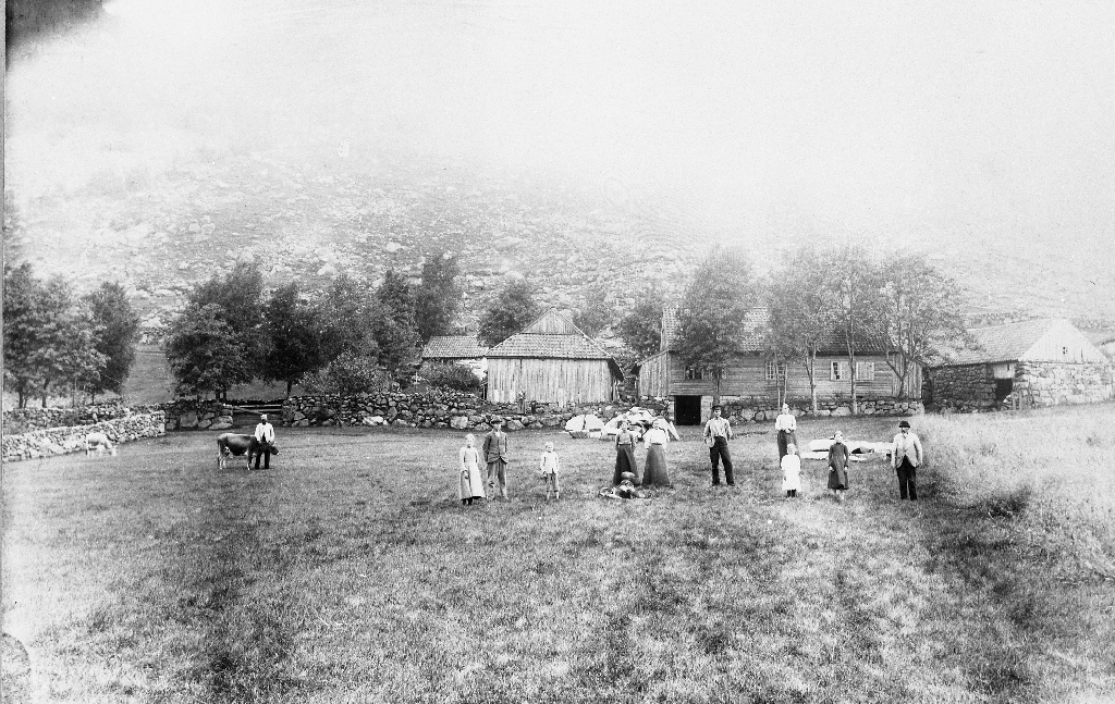 Garden Aurgådo (Aurgoto) på Kyllingstad i Gjesdal fotografert mot nord-aust i 1905. Husa er no (1987) rivne. Folk på garden er oppstilt på marka framfor husa. Også eitpar dyr har dei fått med seg.