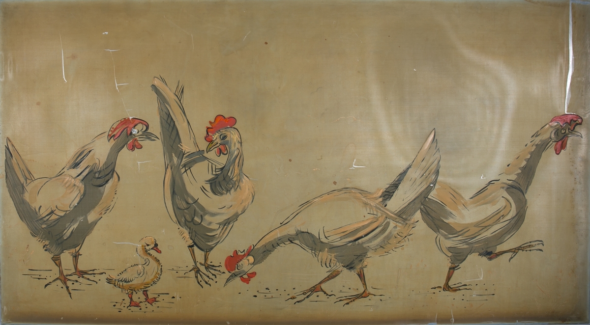 Silkemaleri med motiv av "Fire høner og en kylling". Har vært dekor på hurtigruteskipet LEDA tilhørende BDS.