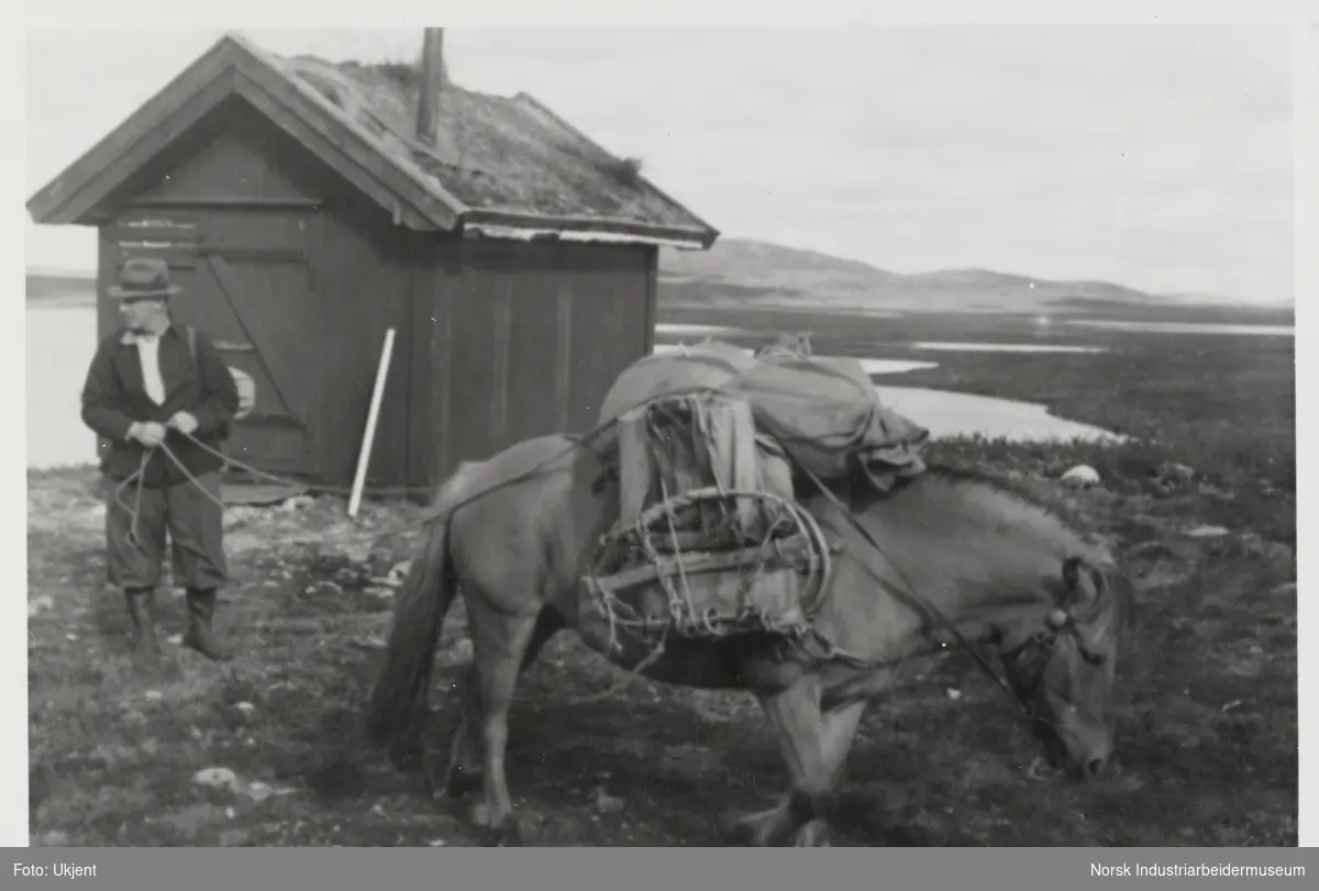Mann står ved liten hytte i fjellet og holder i tøyler til fjordhest lastet med bagasje og varer