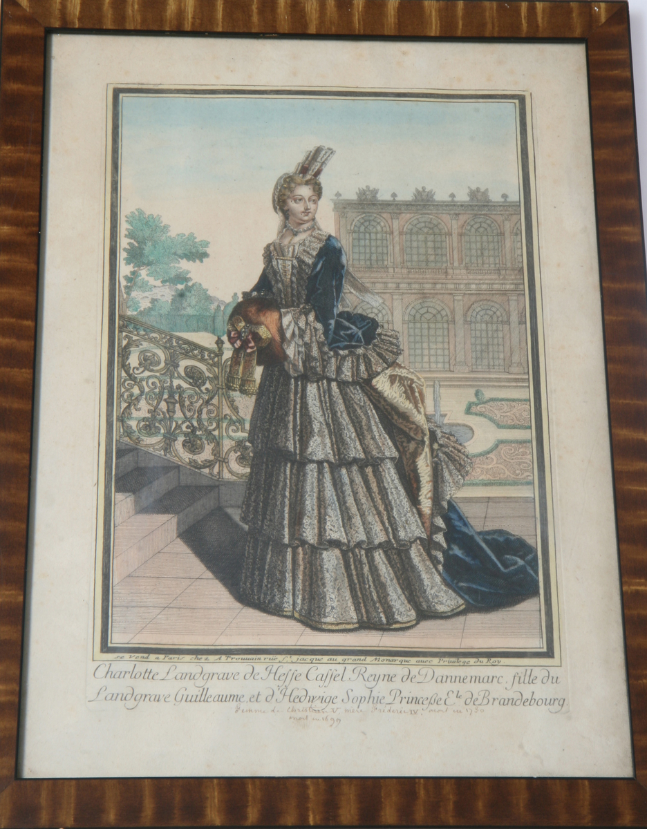 Glass, brun og sort ramme, fargelagt portrett av Charlotte av Hessen, gift med Christian V.