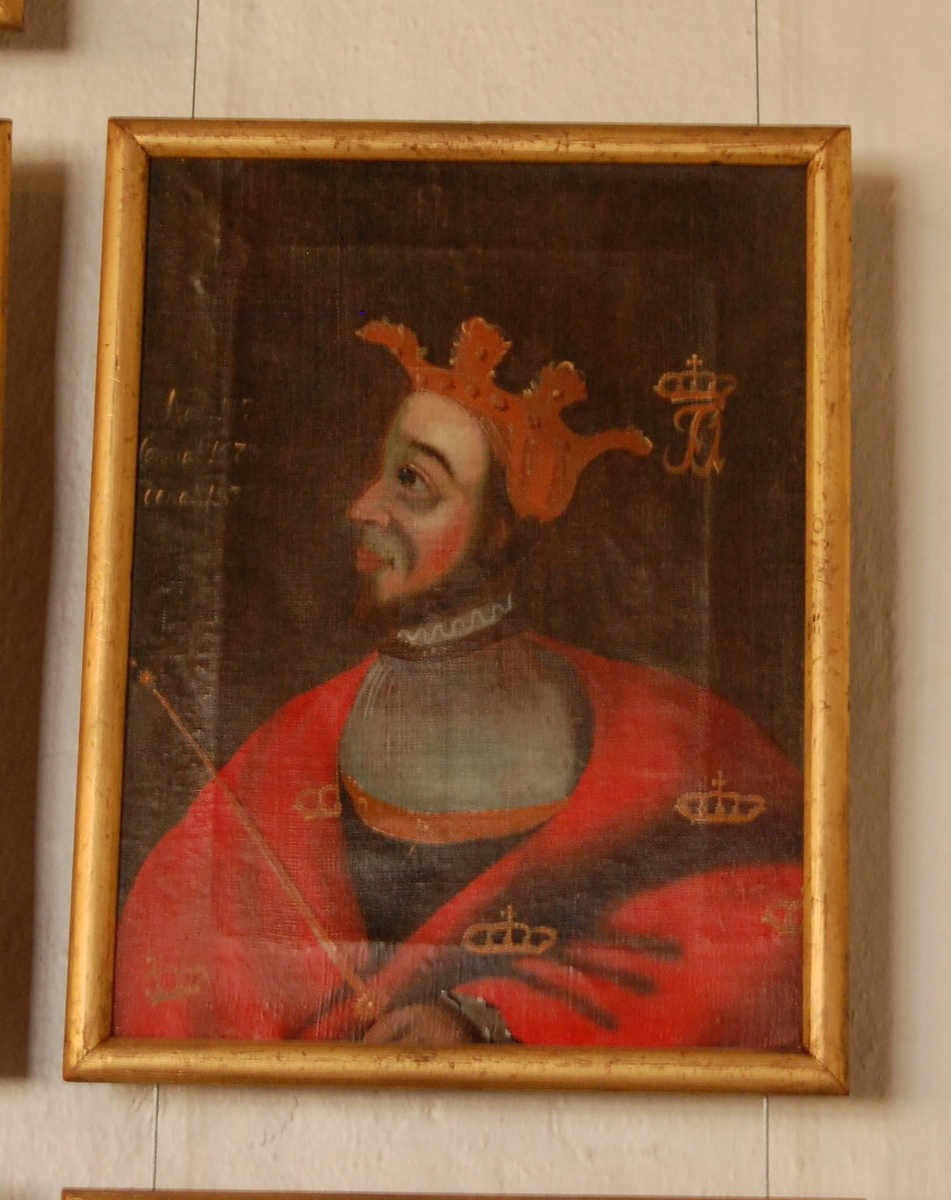 Portrett av Fredrik I. Olje på lerret. Halvfigur en face, hodet i profil mot venstre. Rød kappe med gullkroner, krone på hodet.