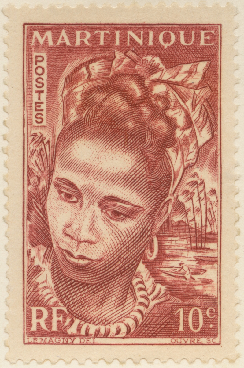 Frimärke ur Gösta Bodmans filatelistiska motivsamling, påbörjad 1950.
Frimärke från Martinique, 1947. Motiv av kvinna med halsprydnader.
