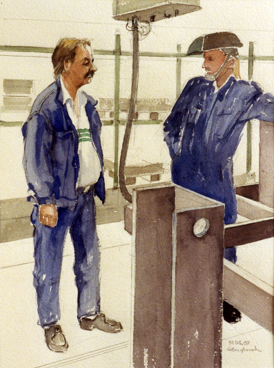 Kjell Lindblom och okänd. 1991.06.07. AGEVE.
Georg Englunds akvareller av/till arbetarna i Gävle när AGEVE flyttade 1993. En utställning i Paris 1993. Akvarellerna ställdes även ut i lunchrummet på AGEVE.
