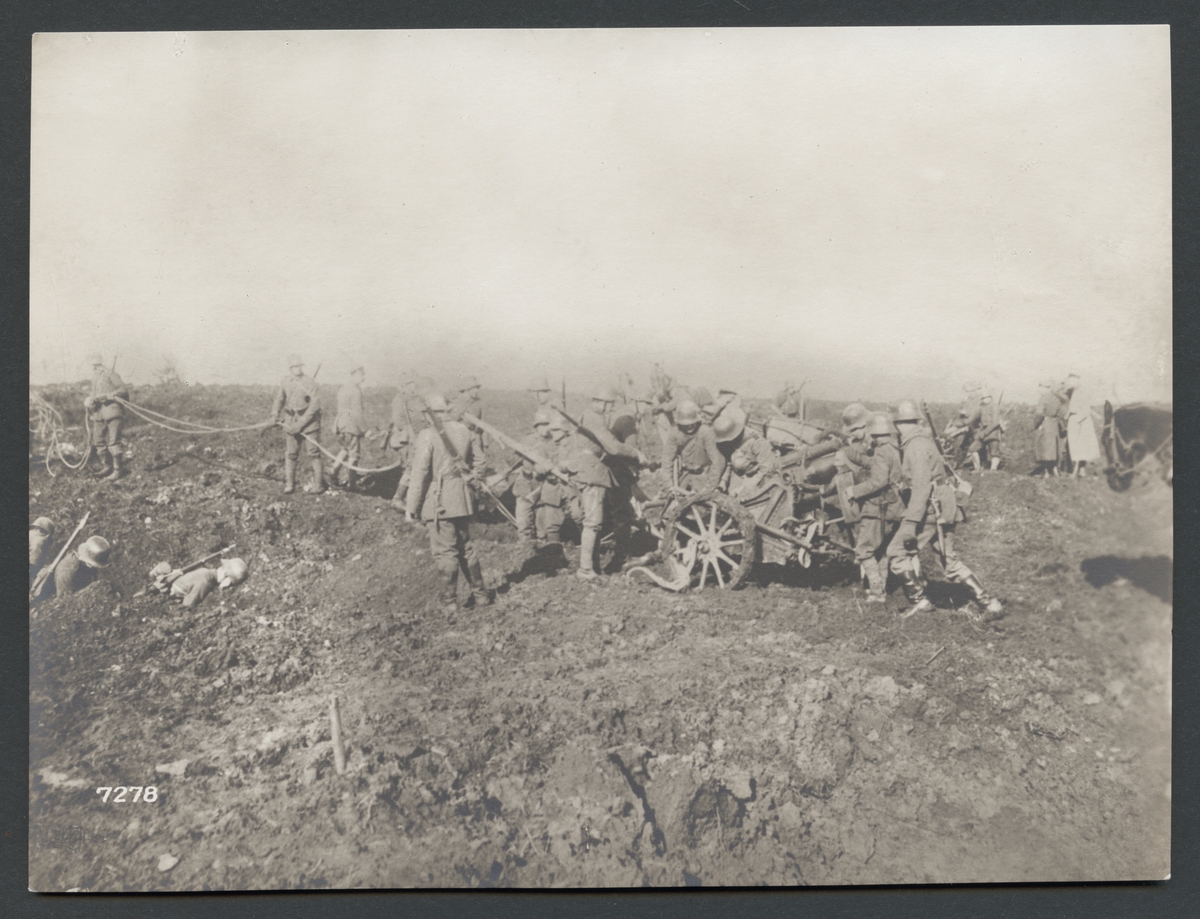 Bilden visar en artilleripjäs som dras av en grupp soldater över en sönderbombad slagfält med bomtratt.

Originaltext: "En tung minkastare föres fram av tyskt infanteri.