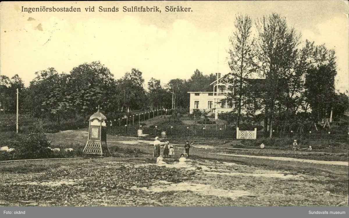 Vykort med motiv över ingenjörsbostaden vid Sunds Sulfitfabrik i Söråker.