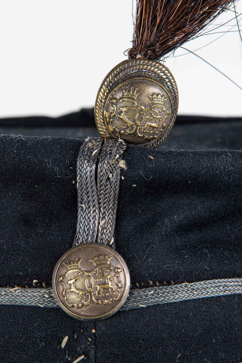 Uniform. Rock, byxor, mössa med svart plym.
M/1865-99 rank fanjunkare.