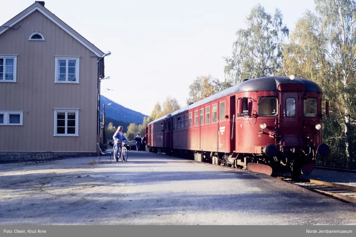 Styrevogn BFS 86 99 og dieselmotorvogn BM 86 27 med persontog til Kongsberg på Veggli stasjon