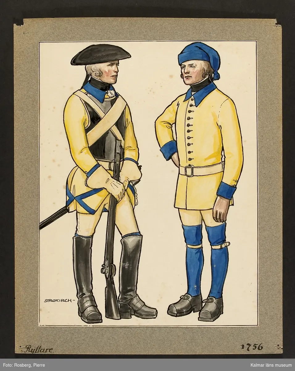 Motiv med ryttare som visar utrustning, uniform och tillbehör vid Smålands husarregemente 1756.