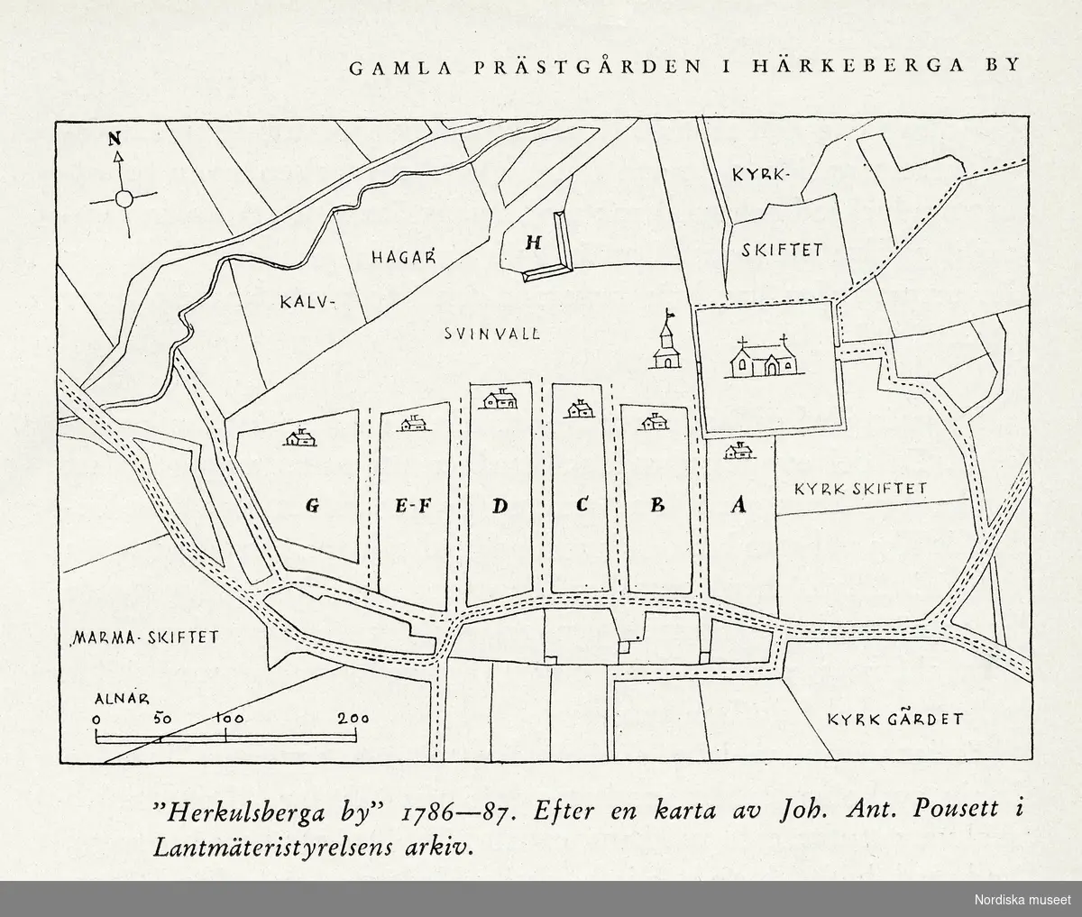 Härkeberga "Herkulsberga by" 1786-1787 efter en karta av Joh. Ant. Pousett i Lantmäteristyrelsens arkiv.