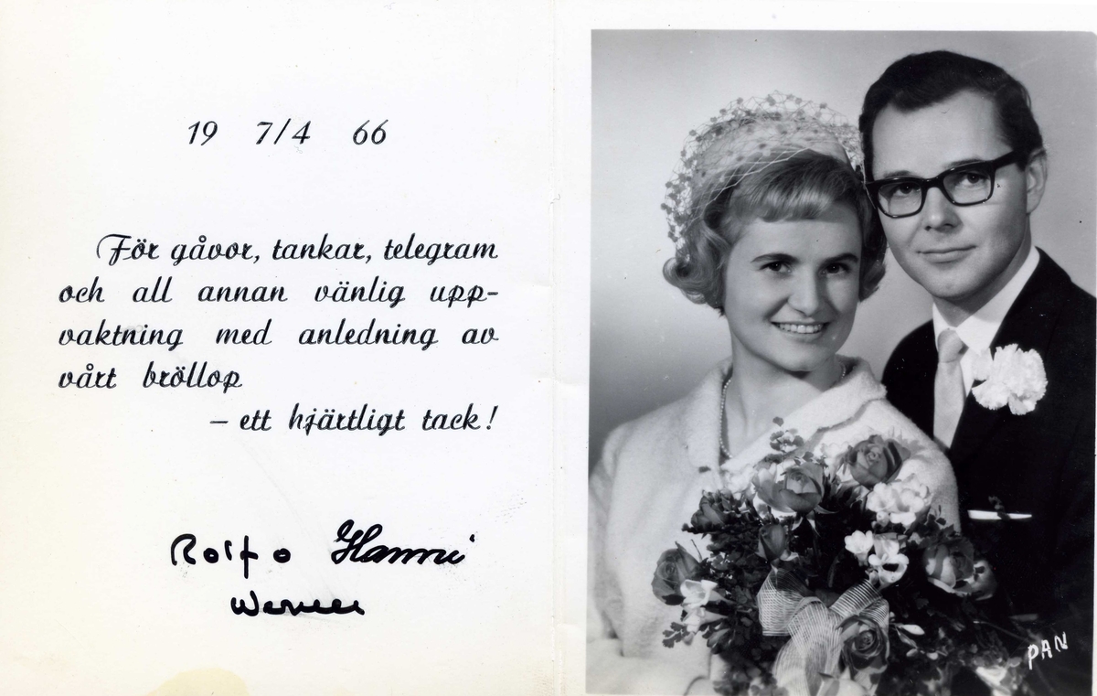 Tackkort från Hanni och Rolf Werners bröllop den 7 april 1966. Rolf arbetade som lärare på Kålleredsskolan.