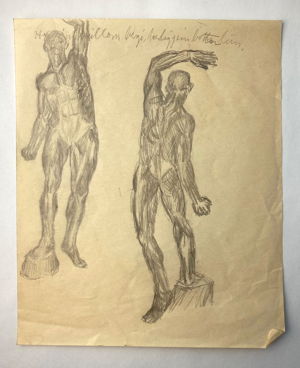 Anatomistudie med synlege musklar av mann, forfra og bakfrå med høgre fot på ein stubbe og venstre hand opp i været.