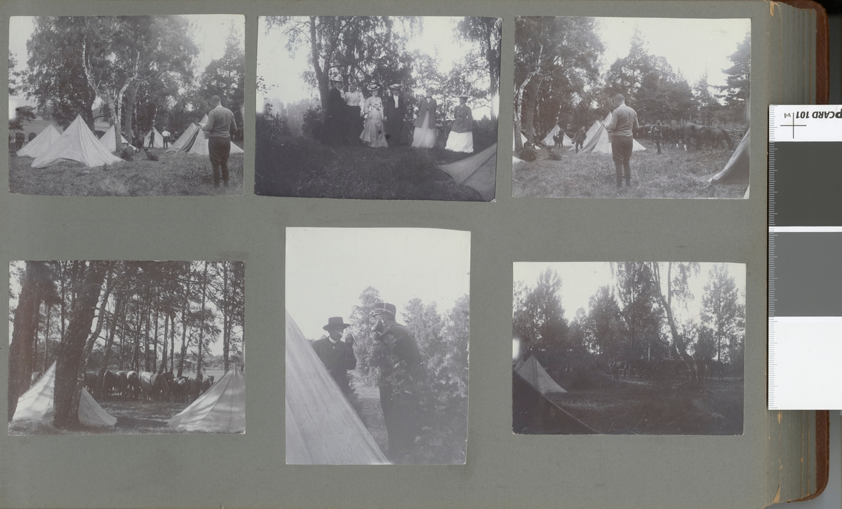 Text i fotoalbum: "Ränneslätt K 4 Kav. aspirantskola 1900". Soldat rakar sig.