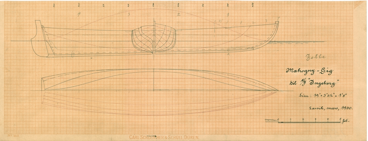 Profil- og linjetegning av mahogny-jolle