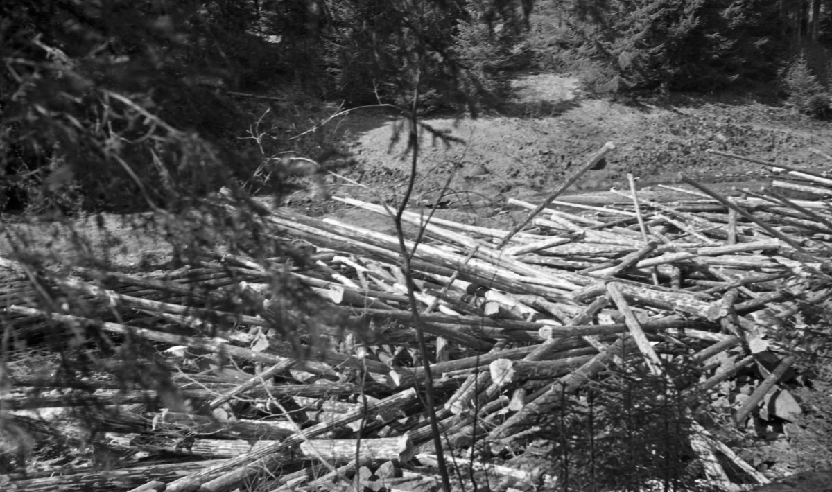 Tømmervase i Norderåa, ei sideelv som renner inn i Glomma fra vest i Elverum i Hedmark. Fotografiet oppgis å være tatt «nedenfor veibroen», antakelig den brua der Vestsivegen krysser vassdraget. Her var det en ikke ubetydelig mengde tømmer som var stuvet sammen ved elvebredden, der det sannsynligvis ble liggende på tørt land da vårflommen og det oppsamlede damvannet avtok. Bildet ble tatt våren 1944.
