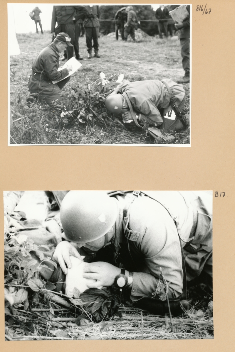 Rikshemvärnstävlingen 1967, sid 32

Omhändertagande av skadad

Bild 1. Som kontrollant ser vi överfurir Stig Gustafsson, Sjukvårdspluton 7. komp

Bild 2. Närbild på mun till mun-metoden på plastdockan Ann.