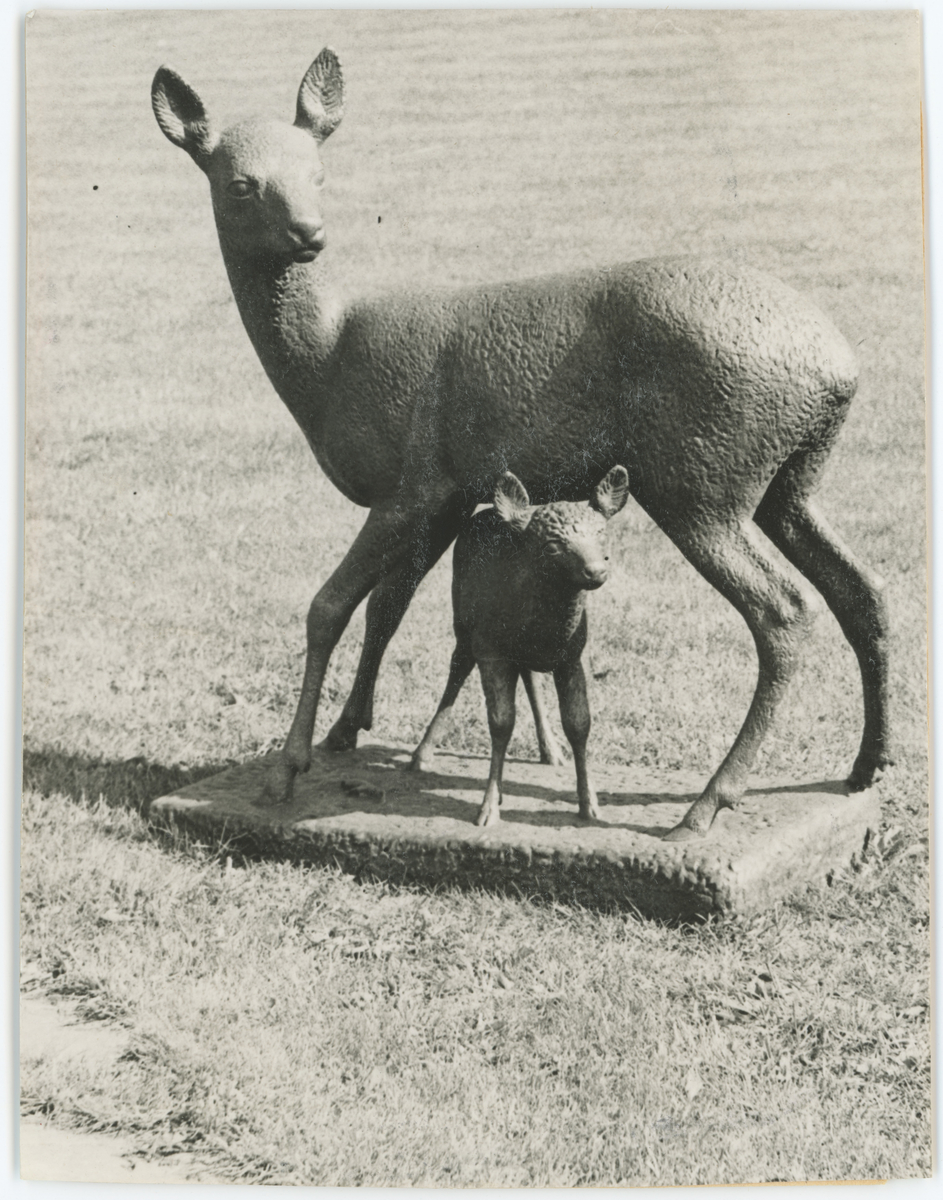 Skulpturen "Rådyr" av Nic Schiøll, oppsatt hos M. Peterson & Søn i 1956. To bilder.