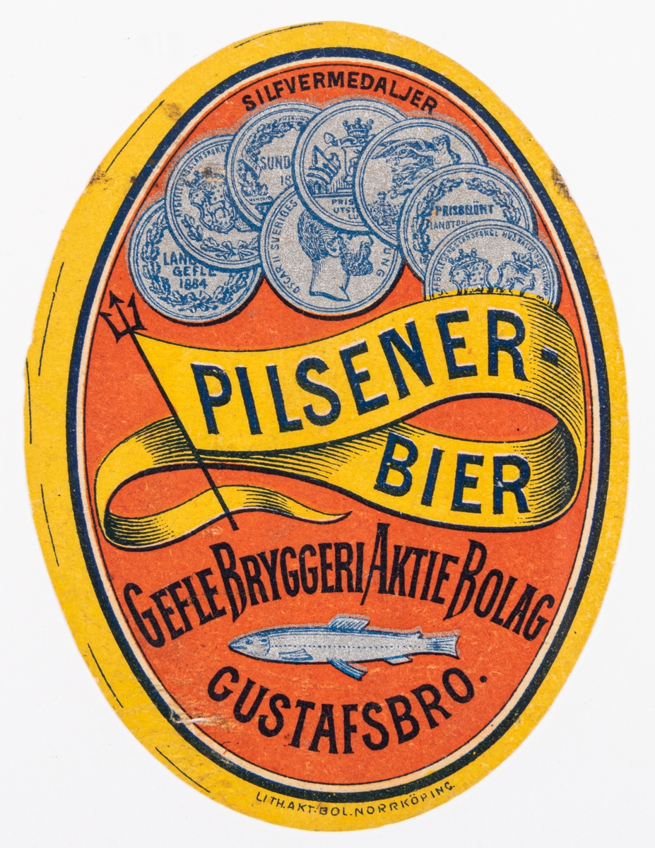 Öletikett, oval, Pilsener-Bier, Gefle bryggeriaktiebolag, Gustafsbro.
Del av samling bryggerietiketter av papper, från olika bryggerier i Gävle.