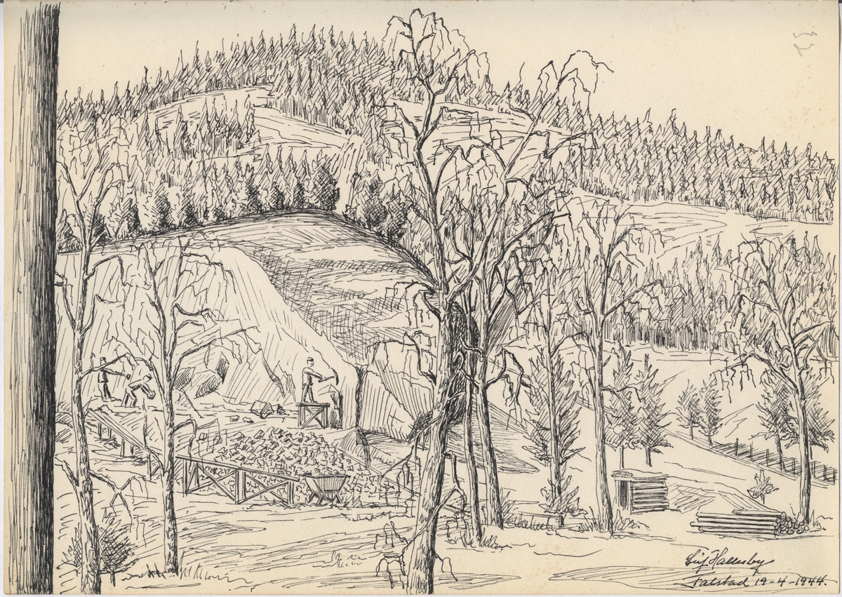 Tegning fra Falstad fangeleir, "Steinbruddet". Fanger i arbeid i steinbruddet vest for leiren. Tegninga er datert 19.04.1944.