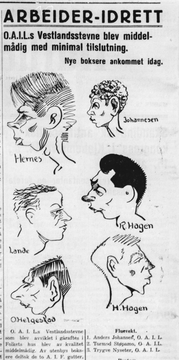 Karikaturteikning "idrettsfolk" frå Egne Hjem, tidleg i 1930-åra.