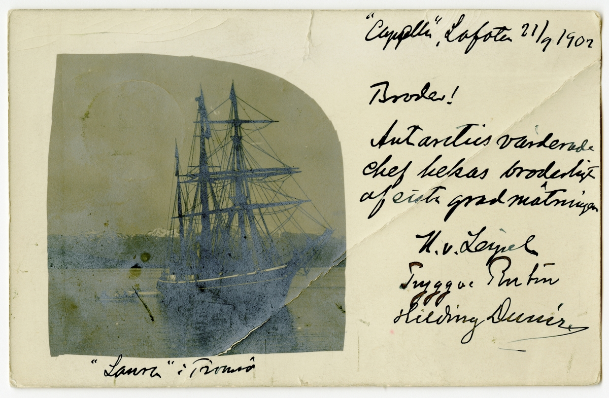 Vykort signerat 21/9 1902 ombord på expeditionsfartyget Antarctic skickat till kapten Olof Gyldén.