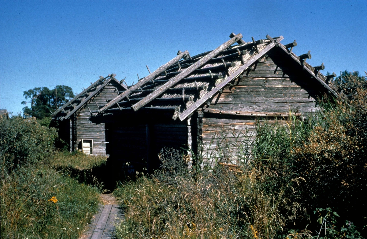 Sjöbodar med vasstak, Glaskalludden, Fågelsundets fiskeläge, Hållnäs socken, Uppland 1969