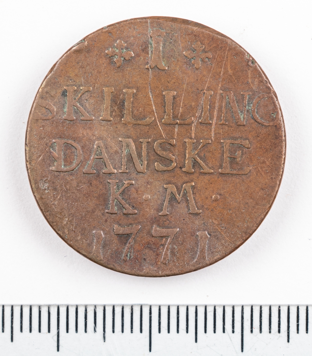 Mynt, Danmark, 1771, 1Skilling.