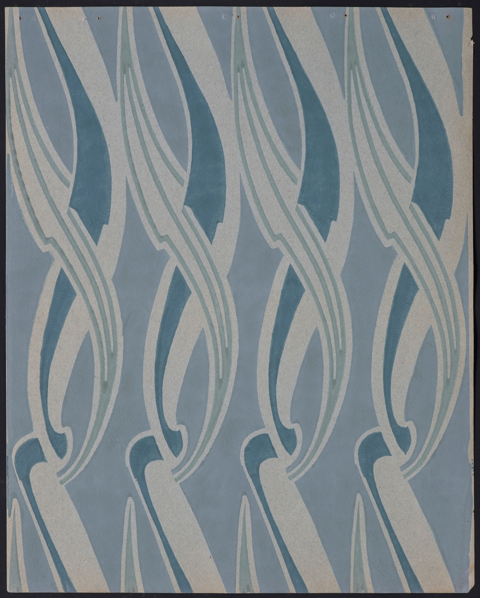 Tapetprøve med stilisert abstrakt mønster med bølgede linjer som beveger seg i en spiral.
