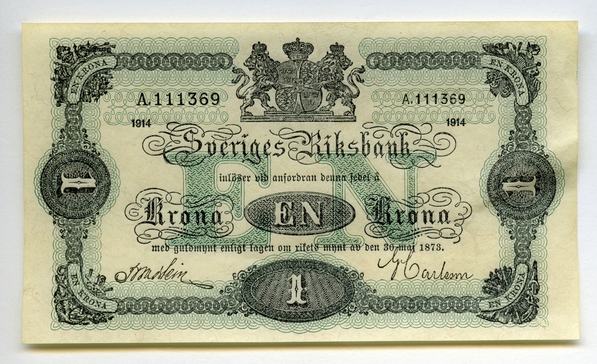 1 Krona 1914 Gustaf V.

Sedeln har nummer A. 111369.