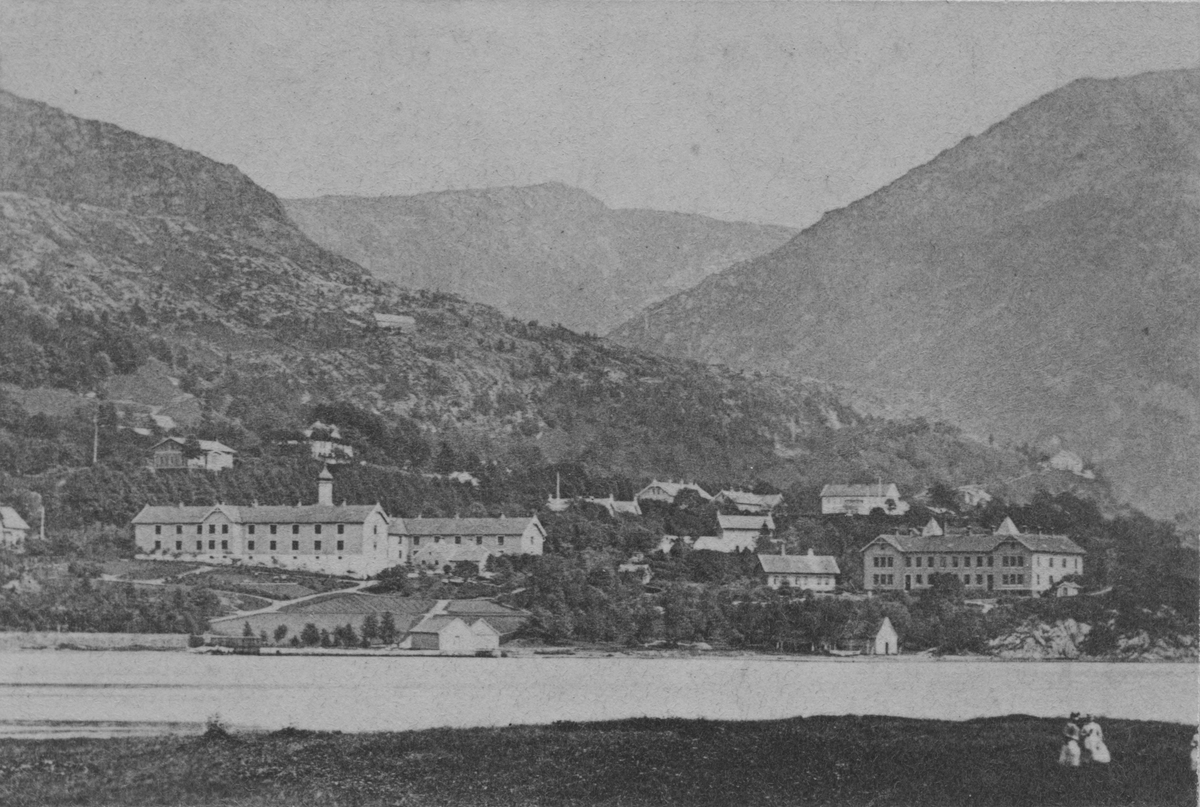 Bergen. Store Lungegårdsvann, Pleiestiftelsen og Lungegårdshospitalet, 1860-tallet.