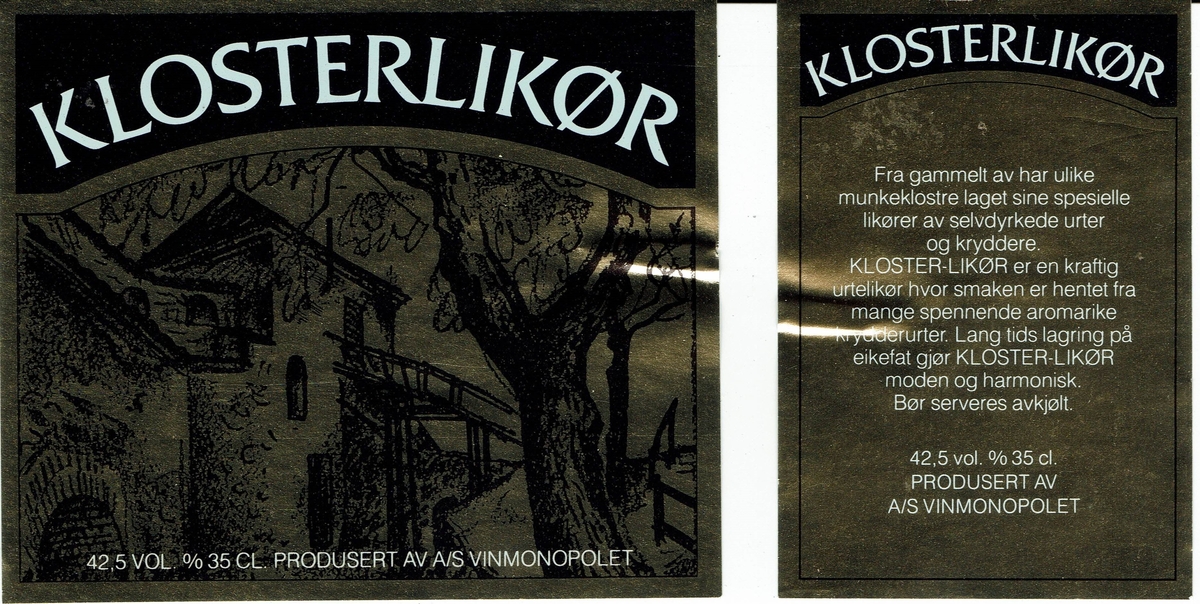 Klosterlikør. Produsert av A/S Vinmonopolet. 42.5 vol% 