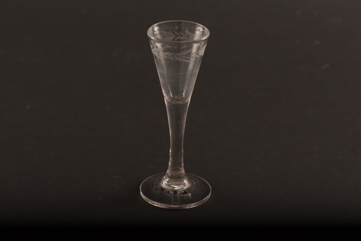 Brännvinsglas på rund fot av ofärgat glas. Kupan är koniskt formad och dekorerad med en ingraverad växtranka under mynningen.