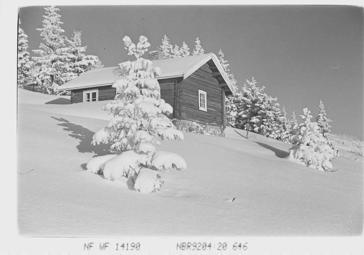 Hytte i vinterlandskap på Norefjell, Krødsherad, Viken. Fotografert 1941.