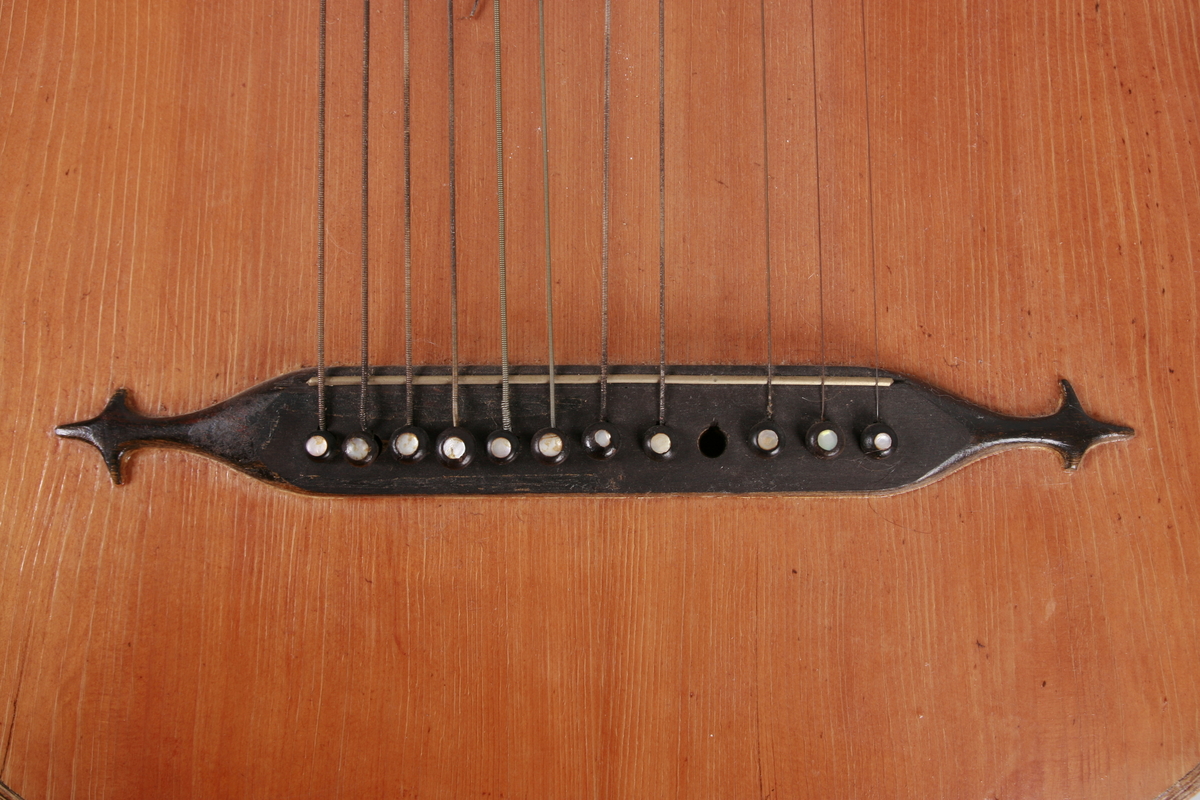 Gitar med dobbel hals. En hals med bånd og 6 strenger, 6 løssvingende strenger ved den andre halsen.