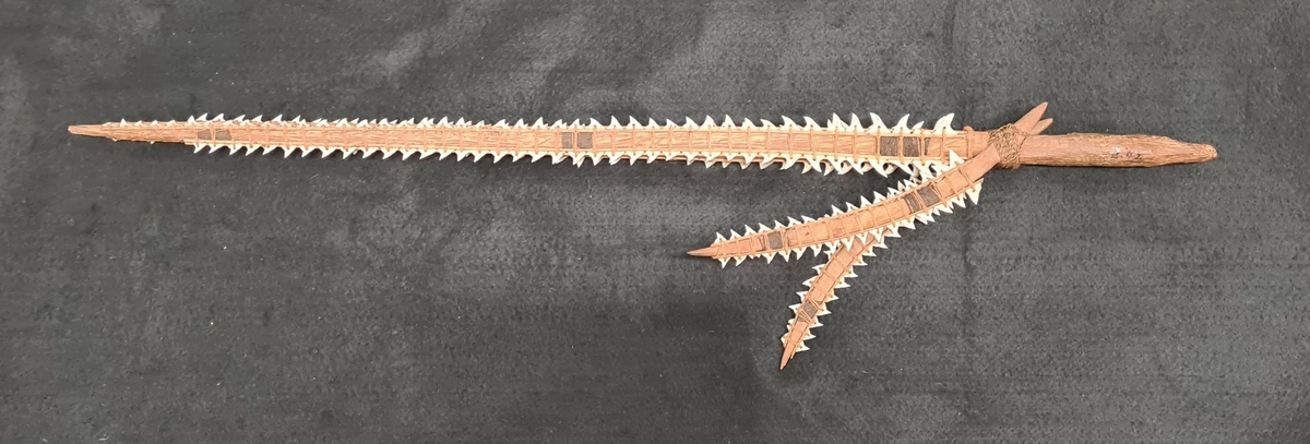 Stridsvapen av trä med fastbundna valfisktänder. Troligtvis ett hajtandsvapen från Gilbertöarna i Polynesien. Längd: 80 cm.

Föremålet tillhör den etnografiska samlingen.
