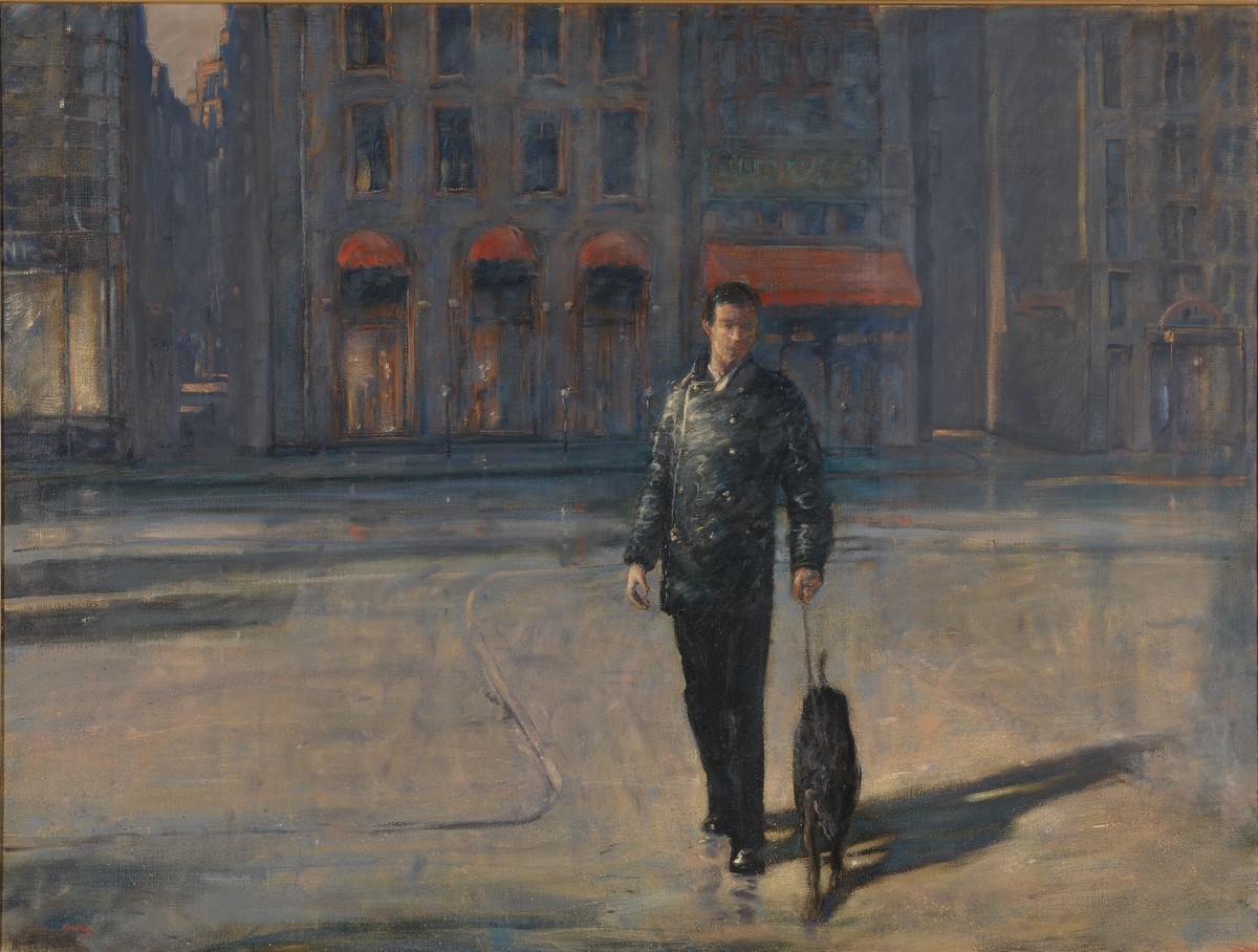 Mann og hund i gatene [Maleri]
